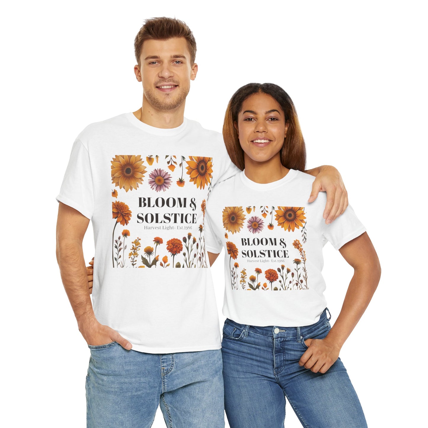 Bloom & Solstice Floral Unisex Heavy Cotton Tee, Spring Fashion Tee, Nature Lover Gift, Relaxed Fit T-Shirt, Summer Wardrobe Essential