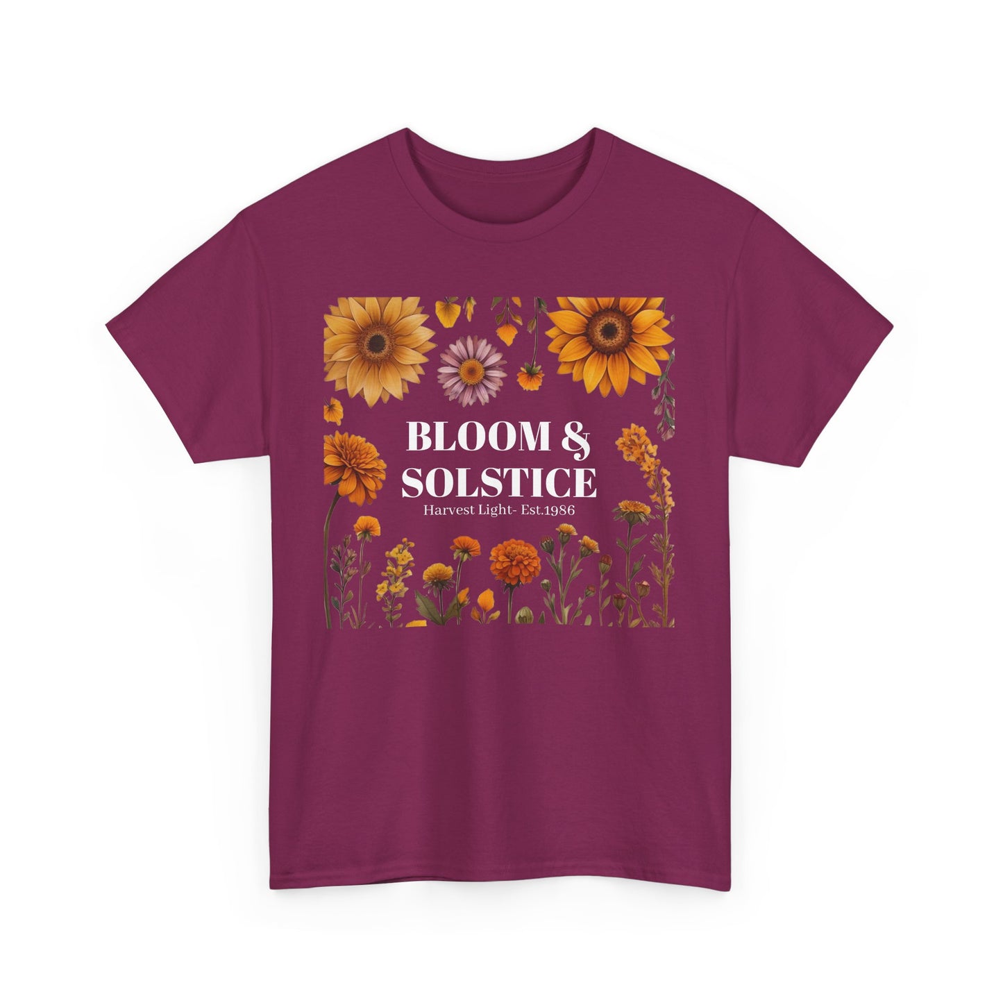 Bloom & Solstice Floral Unisex Heavy Cotton Tee, Spring Fashion Tee, Nature Lover Gift, Relaxed Fit T-Shirt, Summer Wardrobe Essential