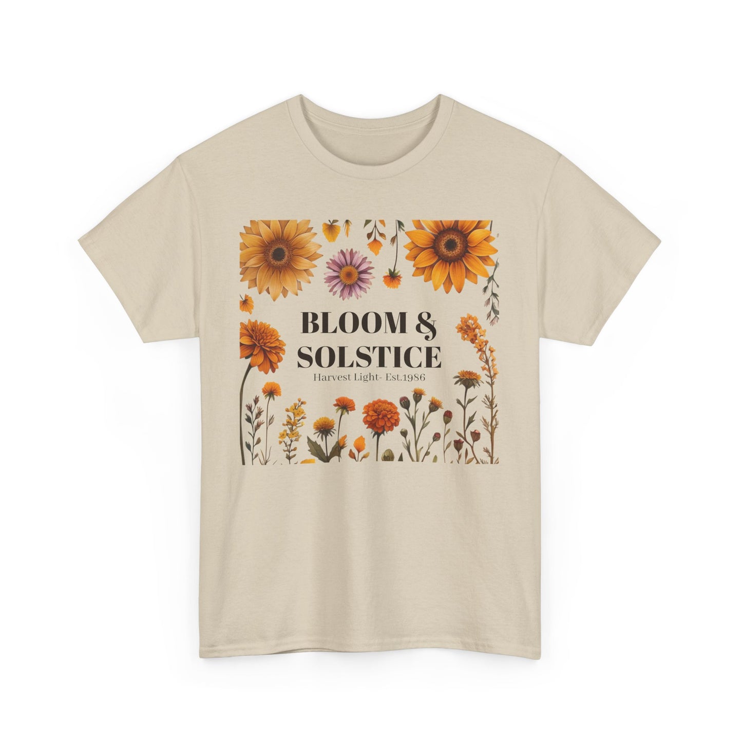 Bloom & Solstice Floral Unisex Heavy Cotton Tee, Spring Fashion Tee, Nature Lover Gift, Relaxed Fit T-Shirt, Summer Wardrobe Essential