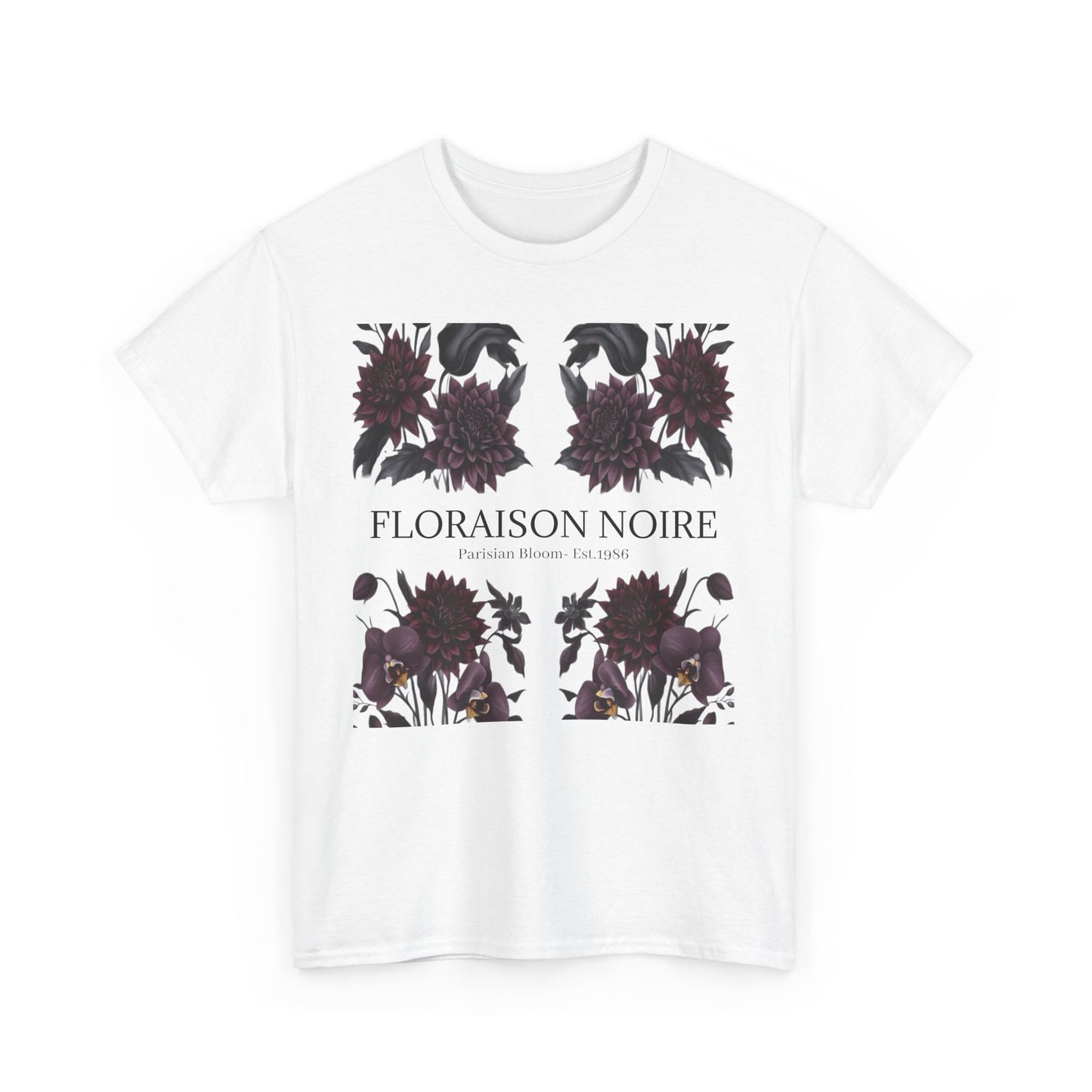 Floral Noir Unisex Heavy Cotton Tee - Stylish Floral Tee Shirt, Summer Essentials, Casual Wear, Gift for Her, Unique Graphic Tee