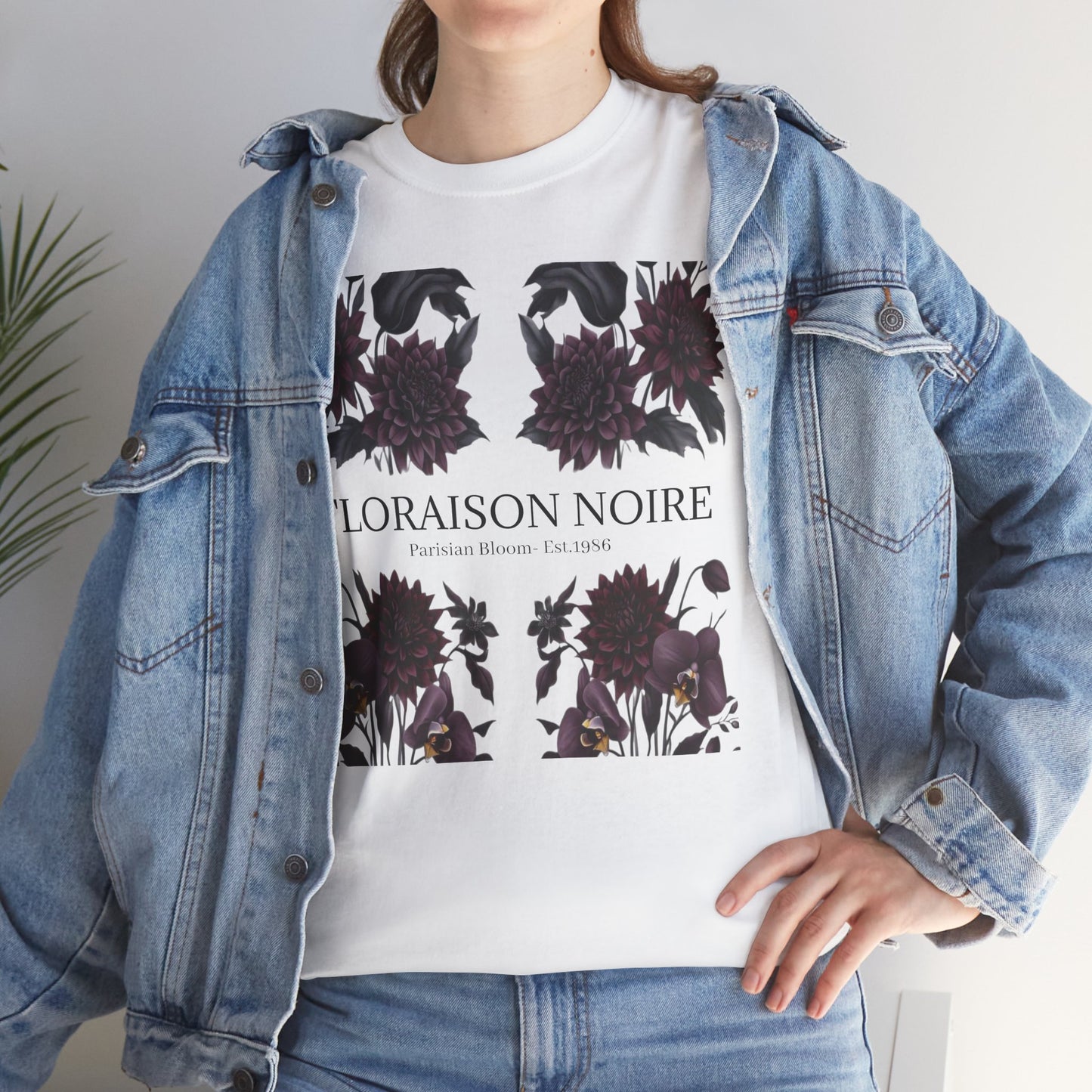 Floral Noir Unisex Heavy Cotton Tee - Stylish Floral Tee Shirt, Summer Essentials, Casual Wear, Gift for Her, Unique Graphic Tee