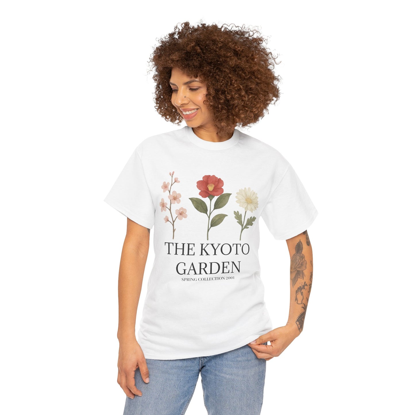 Floral Spring Unisex Heavy Cotton Tee - Kyoto Garden Collection, Casual Wear, Gifts for Nature Lovers, Botanical T-Shirt, Spring Fashion