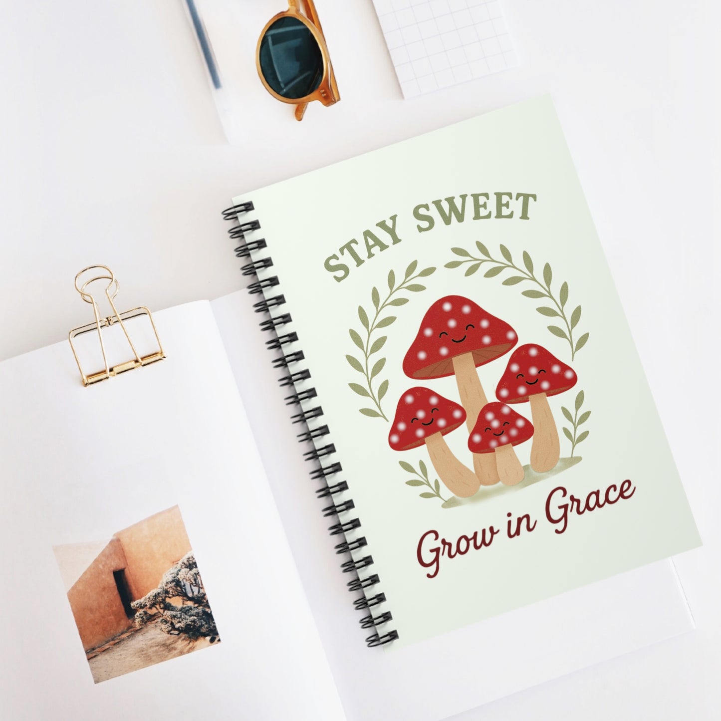 Mushroom-Themed Spiral Notebook - Stay Sweet, Grow in Grace | Cute Journal, Gift for Friends, School Supplies, Nature Lover's Notebook