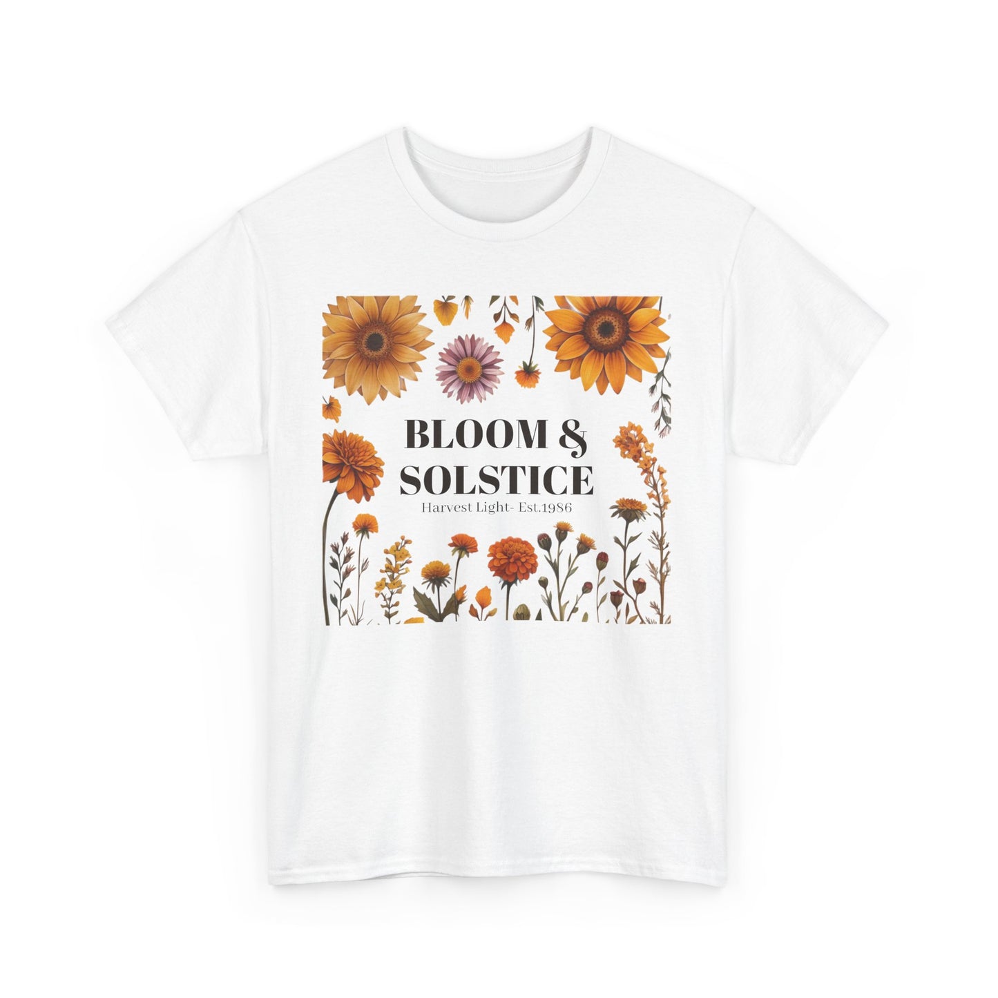 Bloom & Solstice Floral Unisex Heavy Cotton Tee, Spring Fashion Tee, Nature Lover Gift, Relaxed Fit T-Shirt, Summer Wardrobe Essential