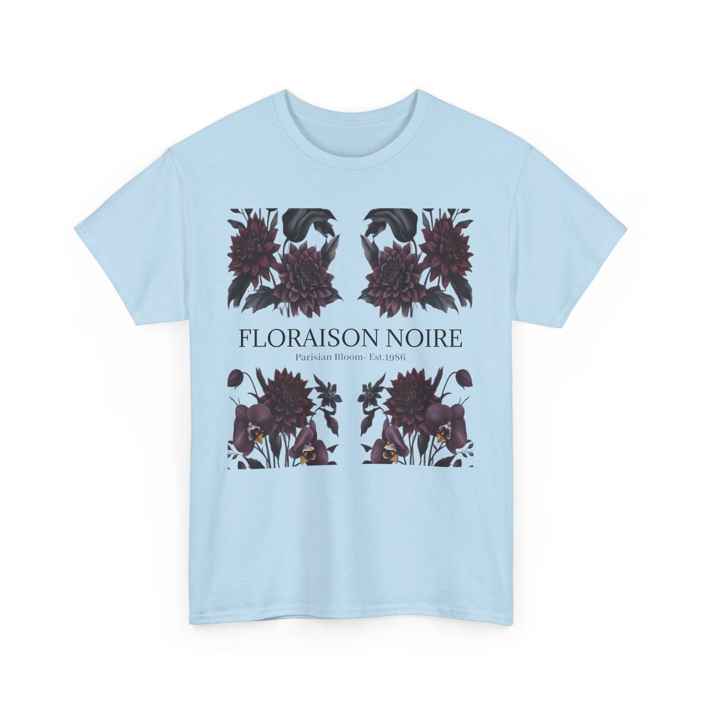 Floral Noir Unisex Heavy Cotton Tee - Stylish Floral Tee Shirt, Summer Essentials, Casual Wear, Gift for Her, Unique Graphic Tee