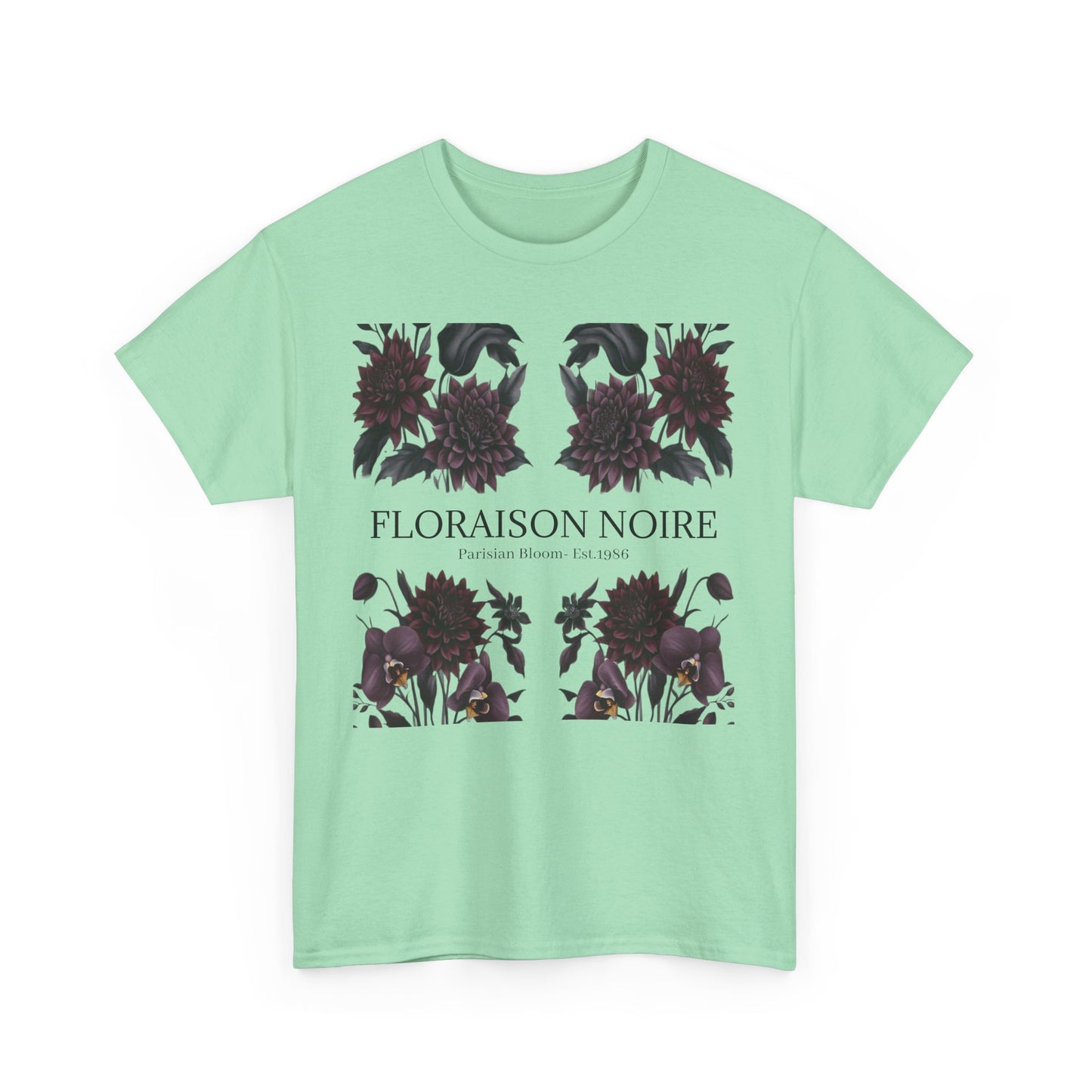 Floral Noir Unisex Heavy Cotton Tee - Stylish Floral Tee Shirt, Summer Essentials, Casual Wear, Gift for Her, Unique Graphic Tee