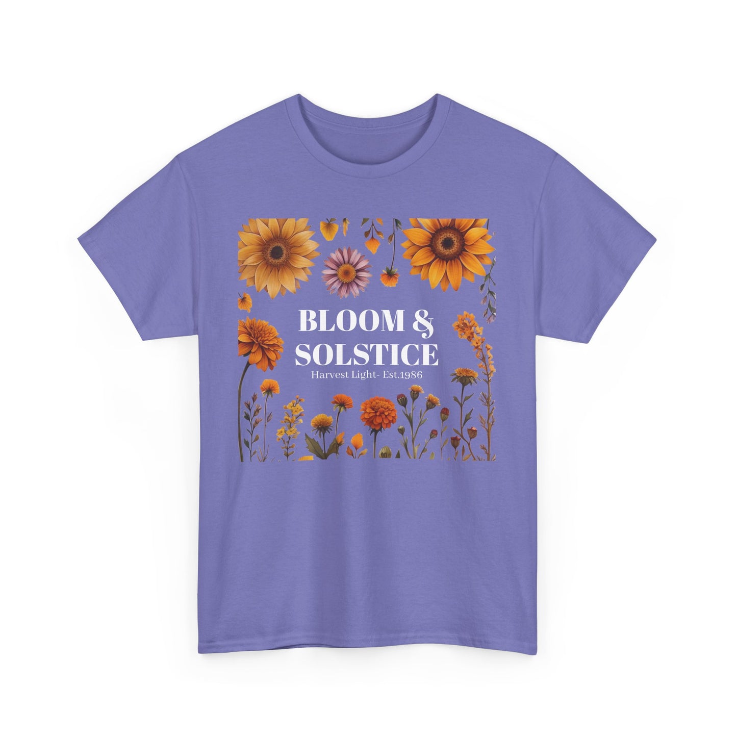 Bloom & Solstice Floral Unisex Heavy Cotton Tee, Spring Fashion Tee, Nature Lover Gift, Relaxed Fit T-Shirt, Summer Wardrobe Essential