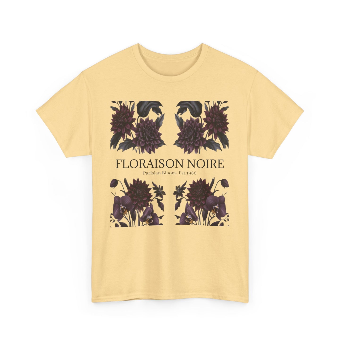 Floral Noir Unisex Heavy Cotton Tee - Stylish Floral Tee Shirt, Summer Essentials, Casual Wear, Gift for Her, Unique Graphic Tee