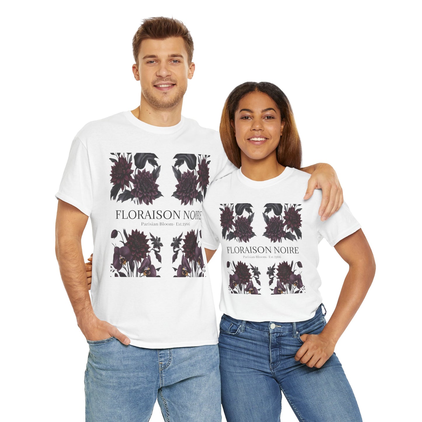 Floral Noir Unisex Heavy Cotton Tee - Stylish Floral Tee Shirt, Summer Essentials, Casual Wear, Gift for Her, Unique Graphic Tee