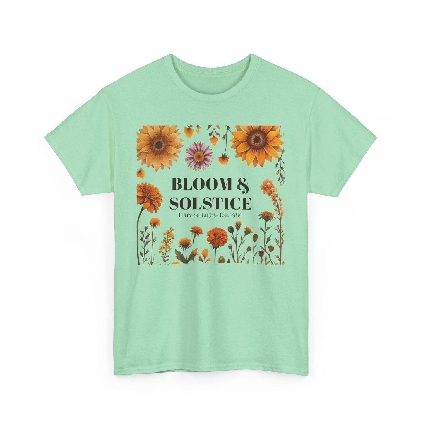 Bloom & Solstice Floral Unisex Heavy Cotton Tee, Spring Fashion Tee, Nature Lover Gift, Relaxed Fit T-Shirt, Summer Wardrobe Essential
