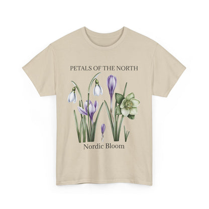 Nordic Floral Unisex Heavy Cotton Tee | Botanical Graphic Tee, Nature Lover Gift, Eco-Friendly, Spring Wear, Petals of the North
