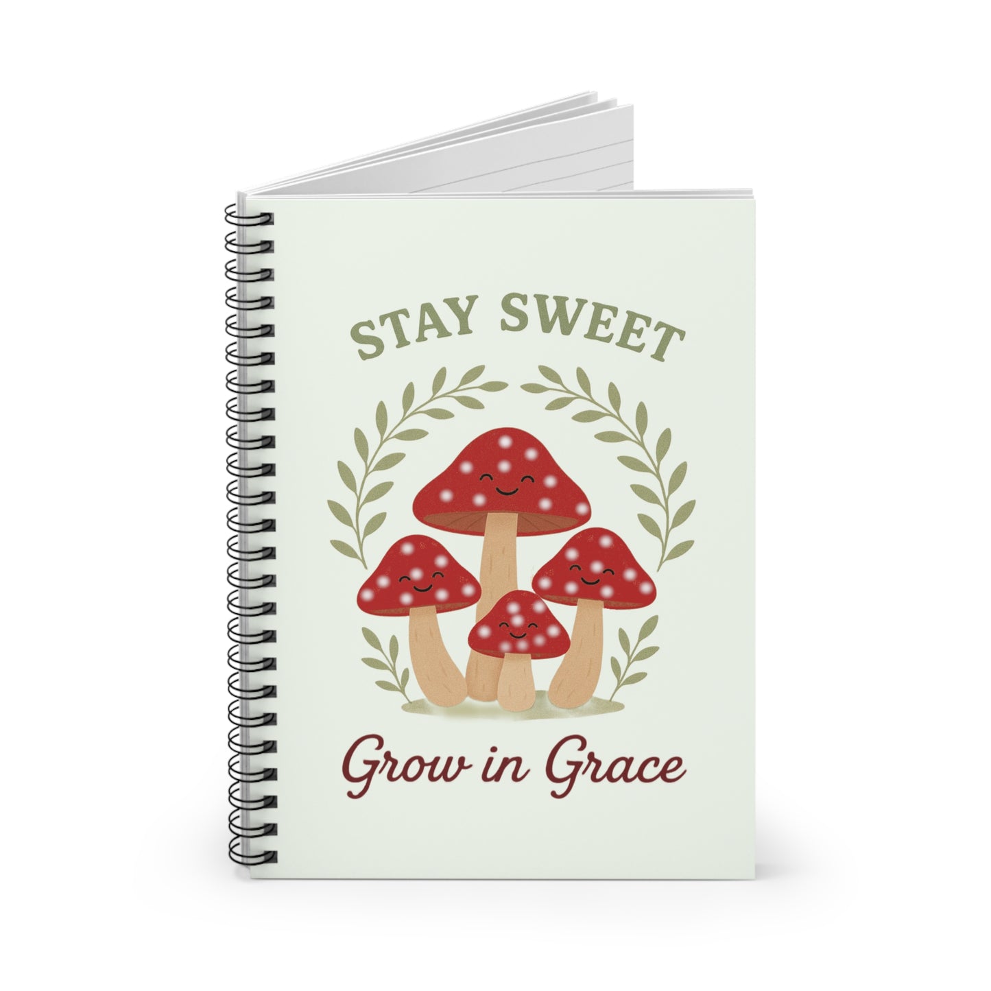Mushroom-Themed Spiral Notebook - Stay Sweet, Grow in Grace | Cute Journal, Gift for Friends, School Supplies, Nature Lover's Notebook