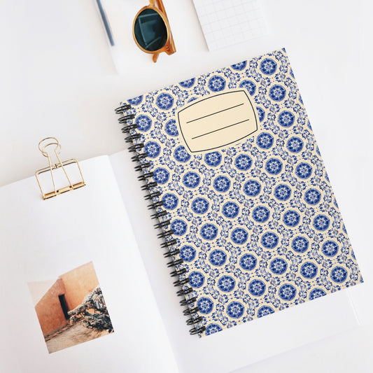 Bohemian Floral Spiral Notebook - Ruled Line, Academic Journal, Gift for Students, Creative Writing, Blue Patterned Notepad