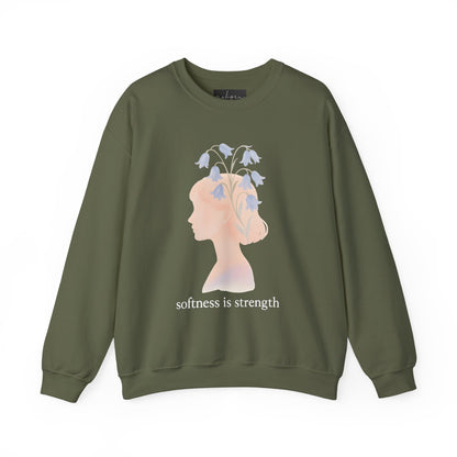 Bluebell flower, Softness is Strength Sweatshirt, Cozy Crewneck, Inspirational Gift, Affirmation Clothing, Casual Layering Top
