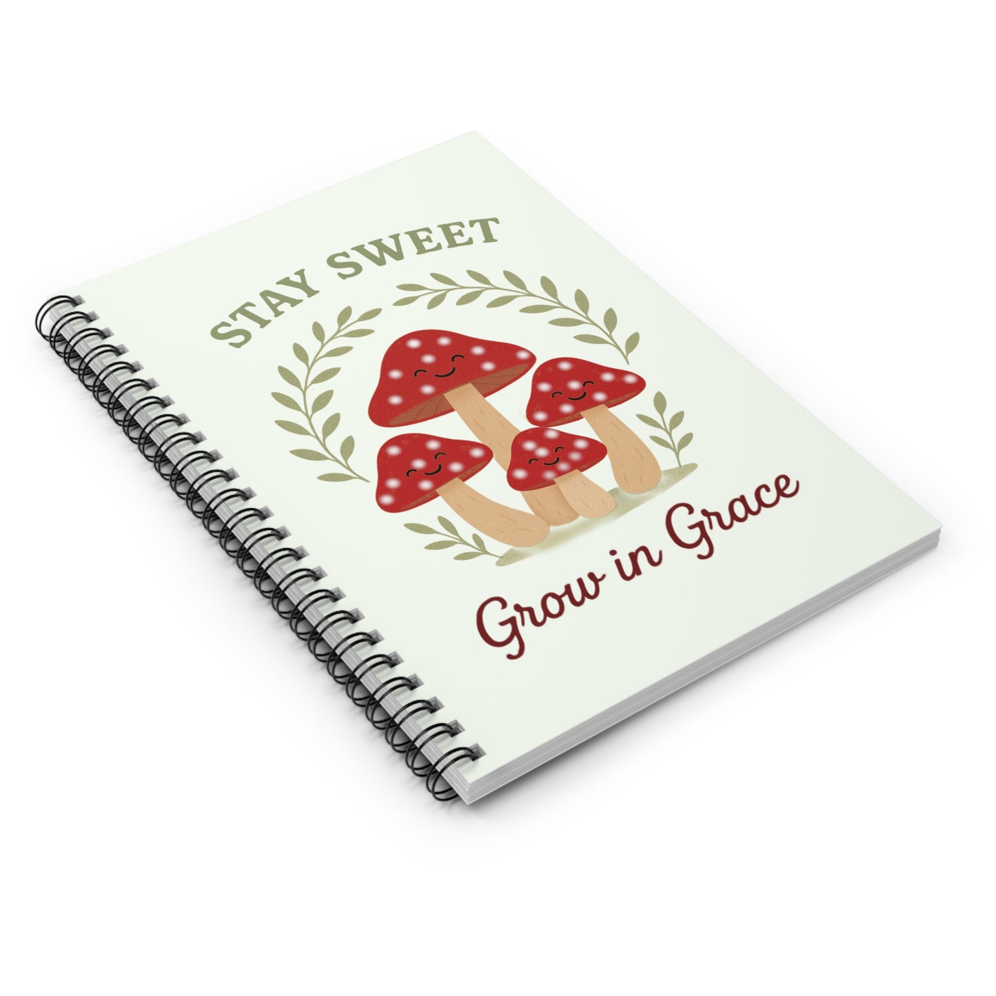 Mushroom-Themed Spiral Notebook - Stay Sweet, Grow in Grace | Cute Journal, Gift for Friends, School Supplies, Nature Lover's Notebook