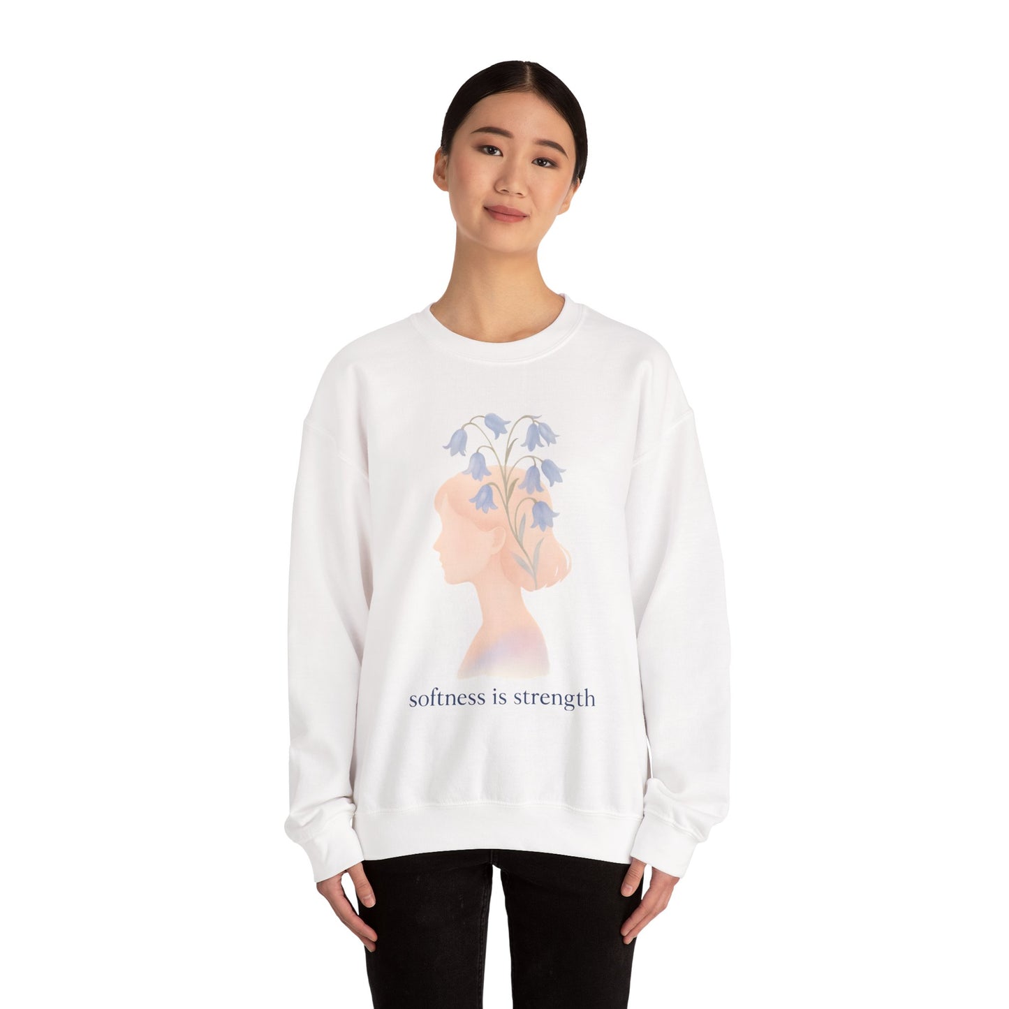 Bluebell flower, Softness is Strength Sweatshirt, Cozy Crewneck, Inspirational Gift, Affirmation Clothing, Casual Layering Top